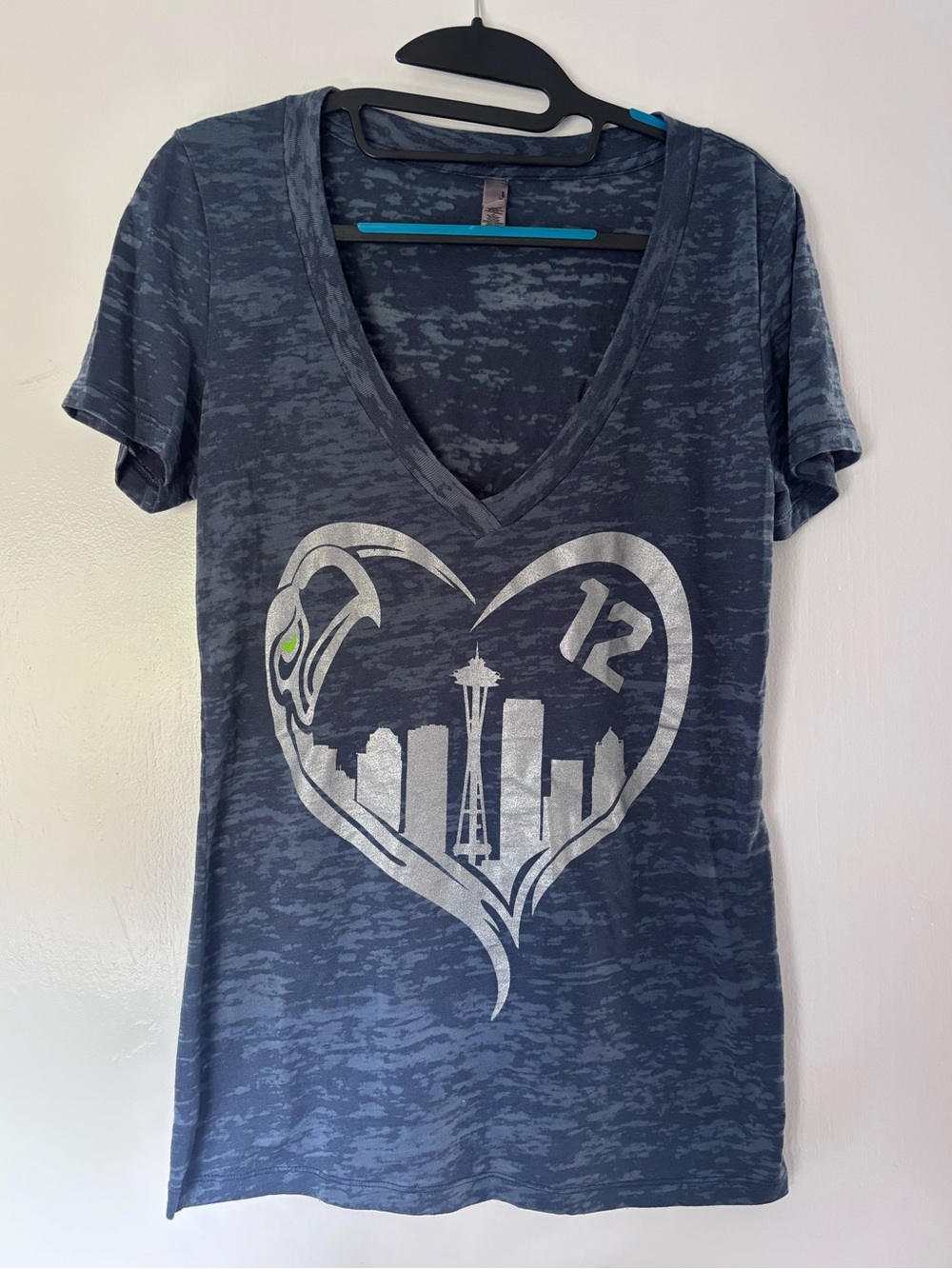Seattle Seahawks Next Level Apparel Burnout V-Neck with Seattle Heart Graphic